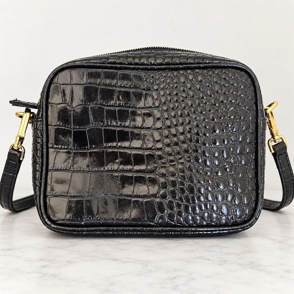 Quince Black Croc Embossed Calf Leather Crossbody Bag Made in Italy
